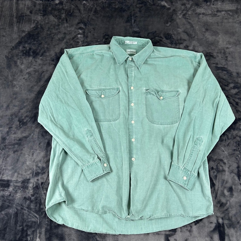 Saks Fifth Avenue Button Down Shirt Mens XL Green Cotton Long Sleeve Pockets